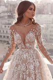 Long Sleeve Sheer Tulle Lace Wedding Dress | Champagne Pink Princess Outdoor Bridal Dress Online