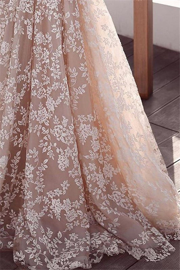 Long Sleeve Sheer Tulle Lace Wedding Dress | Champagne Pink Princess Outdoor Bridal Dress Online