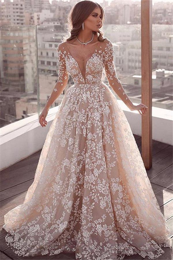 Long Sleeve Sheer Tulle Lace Wedding Dress