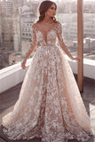 Long Sleeve Sheer Tulle Lace Wedding Dress | Champagne Pink Princess Outdoor Bridal Dress Online