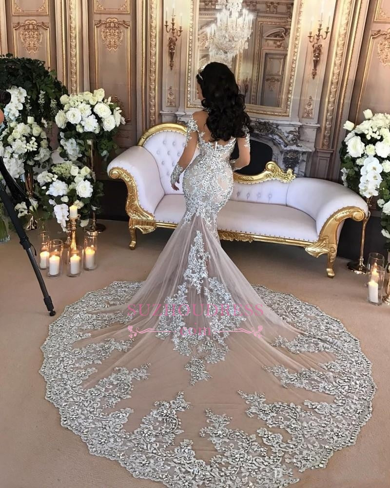 Long Sleeve Silver High Neck Popular Evening Dress Lace Mermaid Luxury Wedding Dresses BH-362