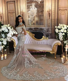 Long Sleeve Silver High Neck Popular Evening Dress Lace Mermaid Luxury Wedding Dresses BH-362