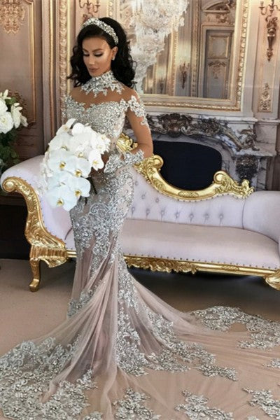 Long Sleeve Silver High Neck Popular Evening Dress Lace Mermaid Luxury Wedding Dresses BH-362