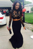 Long Sleeve Two Pieces Prom Dresses Black Lace Mermaid High Neck Evening Gowns CE0038