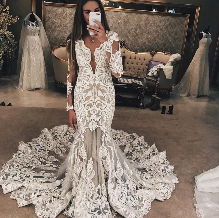 Long Sleeve Unique Lace Wedding Dresses | Mermaid Lace Long Train Bridal Gown | Suzhoufashion Long Sleeve Unique Lace Wedding Dresses | Mermaid Lace Long Train Bridal Gown | Suzhoufashion