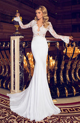 Long Sleeve V-Neck Mermaid Wedding Dresses Beadings Chiffon Appliques Zipper Bridal Gowns