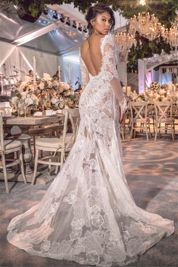 Long Sleeve V-neck Lace Wedding Dresses | Open Back See Through Bridal Gown BC0249
