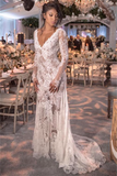 Long Sleeve V-neck Lace Wedding Dresses | Open Back See Through Bridal Gown BC0249