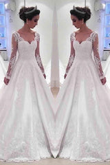 Long Sleeve V-neck Wedding Dresses Online Sheer Lace Back Bridal Dresses