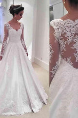 Long Sleeve V-neck Wedding Dresses Online Sheer Lace Back Bridal Dresses