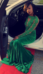 Long Sleeve Velvet Green Evening Gown Sexy Court Train Prom Party Dress DN011