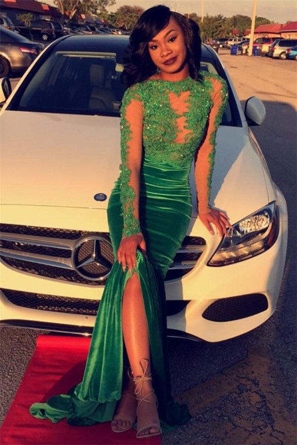 Long Sleeve Velvet Green Evening Gown Sexy Court Train Prom Party Dress DN011