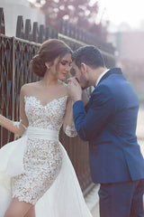 Long Sleeve Wedding Dress with Detachable Train Latest Short Lace Bridal Gown BA2363
