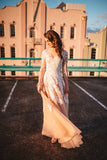 Long Sleeve White Lace Champagne Evening Dress Floor Length Destination Wedding Dress BA6642