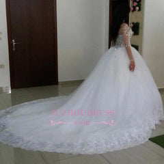 Long-Sleeves Ball Glamorous Tulle Appliques Crytal Wedding Dresses