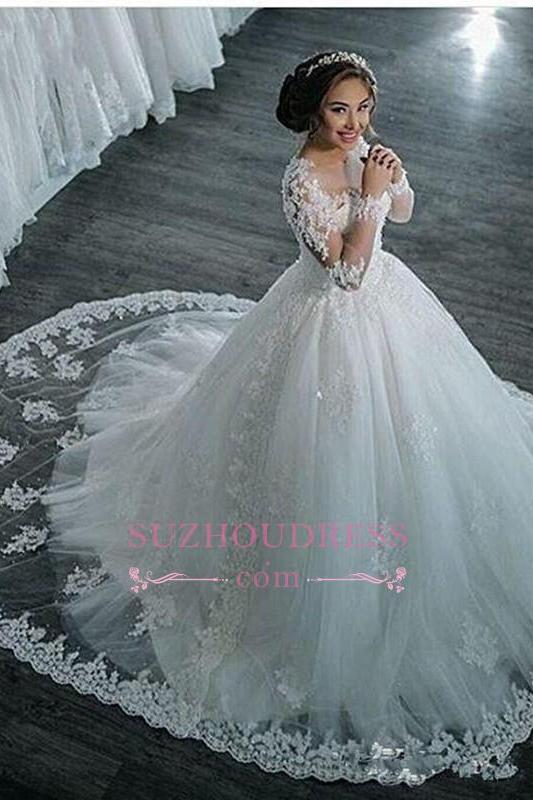 Long Sleeves Beaded Sheer Ball Gown Wedding Dress Lace Bridal Dresses LY104