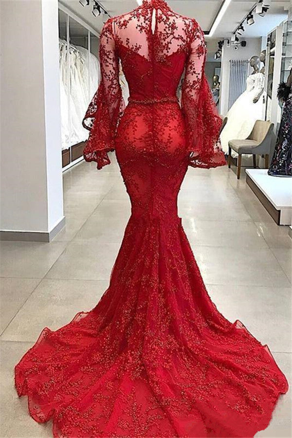 Long Sleeves High Neck Lace Red Evening Dresses | Mermaid Beads Bell Sleeves Prom Dress BC0816