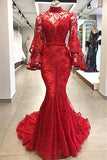 Long Sleeves High Neck Lace Red Evening Dresses | Mermaid Beads Bell Sleeves Prom Dress  BC0816