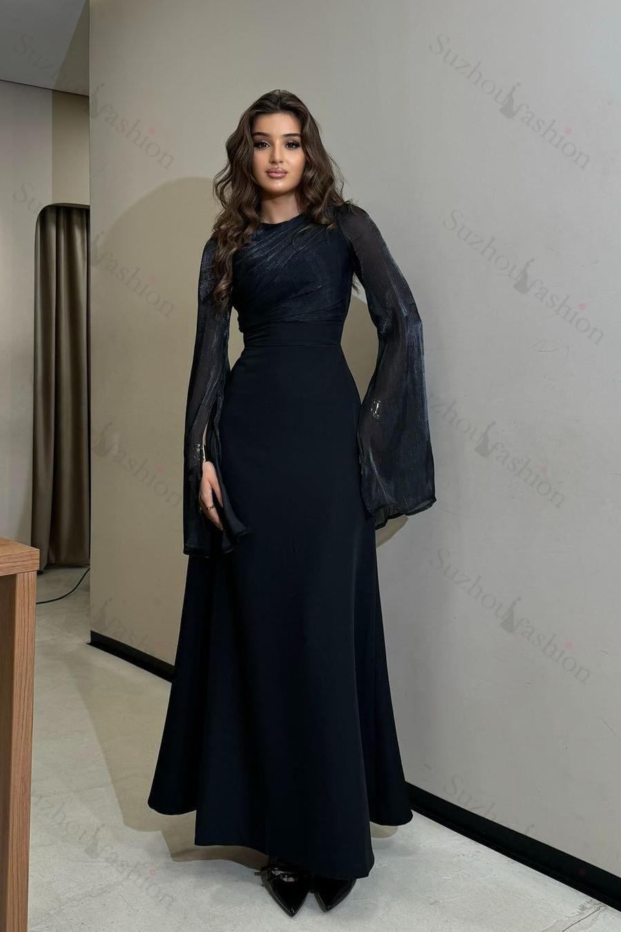 Long Sleeves Jewel High Waist Long Evening Formal Dress With Ruffled