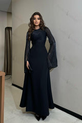 Long Sleeves Jewel High Waist Long Evening Formal Dress With Ruffled