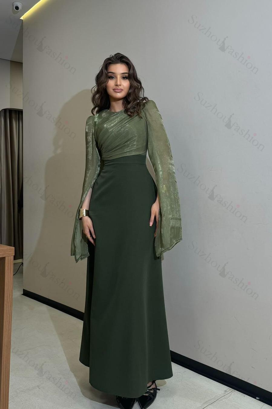 Long Sleeves Jewel High Waist Long Evening Formal Dress With Ruffled
