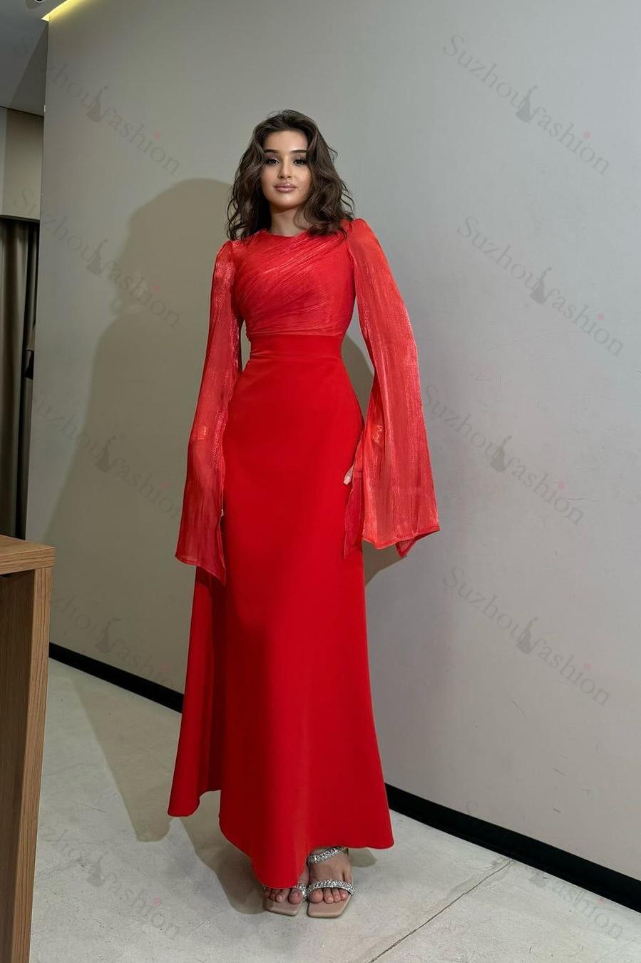 Long Sleeves Jewel High Waist Long Evening Formal Dress With Ruffled