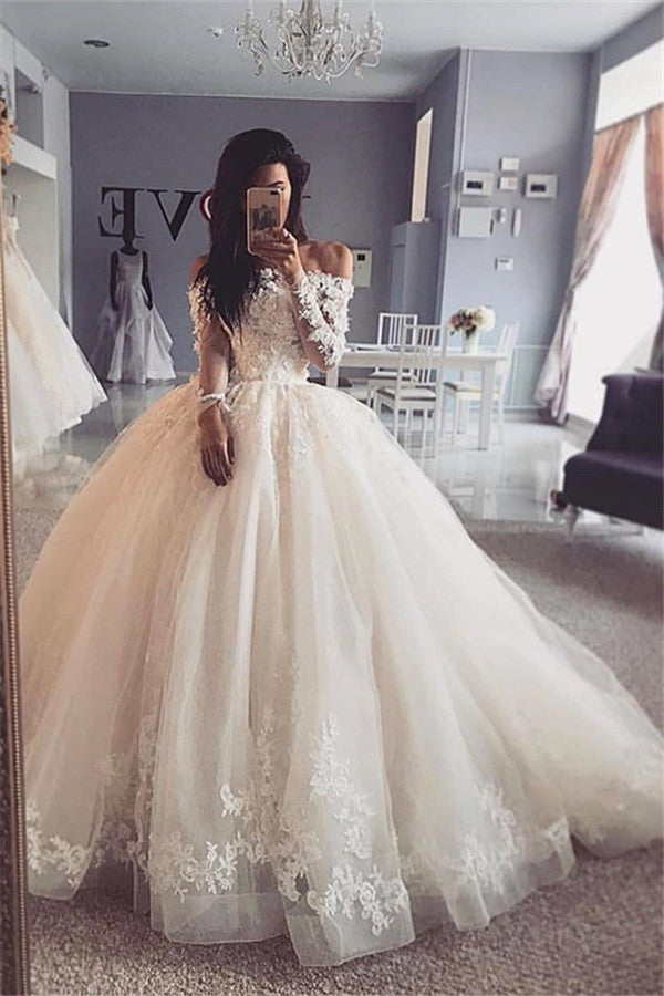 Long Sleeves Lace Appliques Ball Gown Wedding Dresses | Glamorous Off-the-shoulder Bridal Dresses
