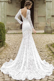 Long Sleeves Lace Mermaid Bridal Gowns Deep V Back Waved Court Train Wedding Dress