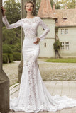 Long Sleeves Lace Mermaid Bridal Gowns Deep V Back Waved Court Train Wedding Dress