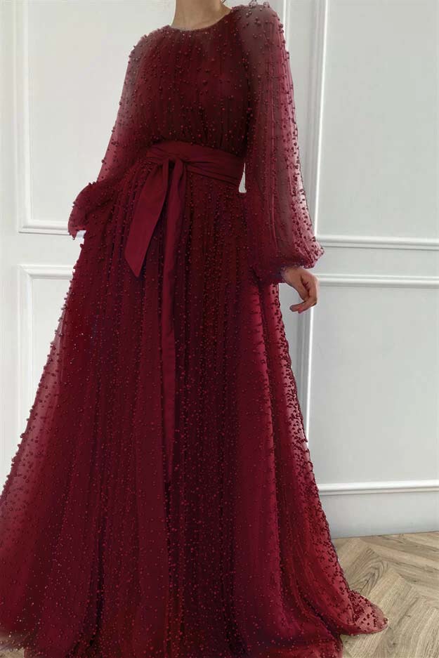 Long Sleeves Long Jewel Neck Evening Formal Dress With Pleated Beading
