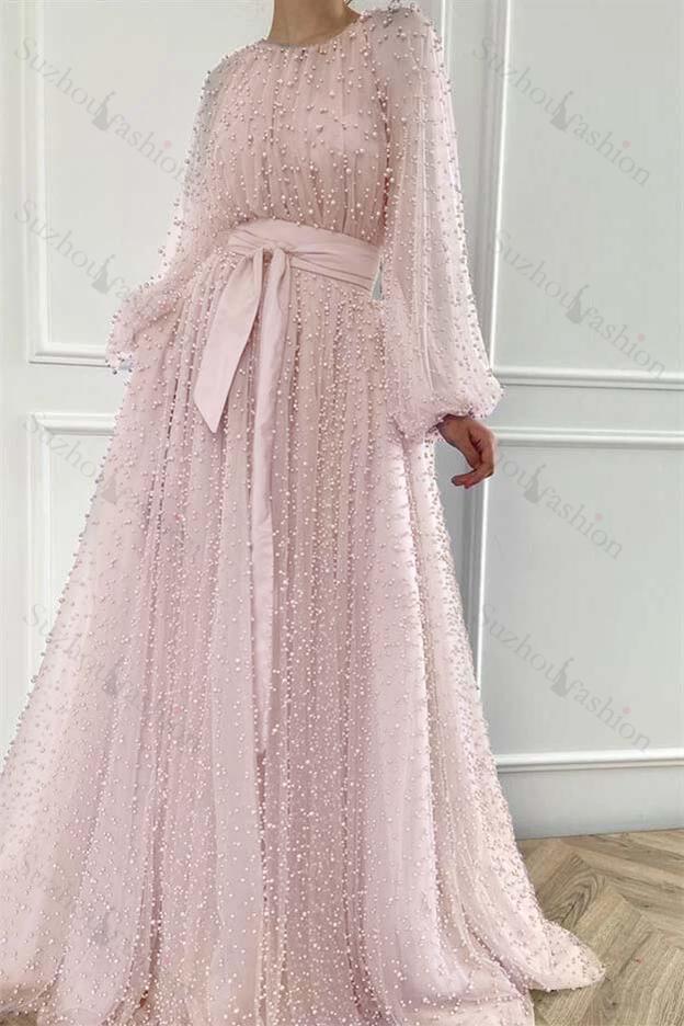 Long Sleeves Long Jewel Neck Evening Formal Dress With Pleated Beading