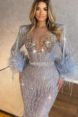 Long Sleeves Mermaid Beaded Tassels Long Evening Formal Dress With Feathers