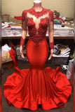 Long Sleeves Mermaid Red Prom dresses | Sheer Tulle Lace Appliques Evening Dresses