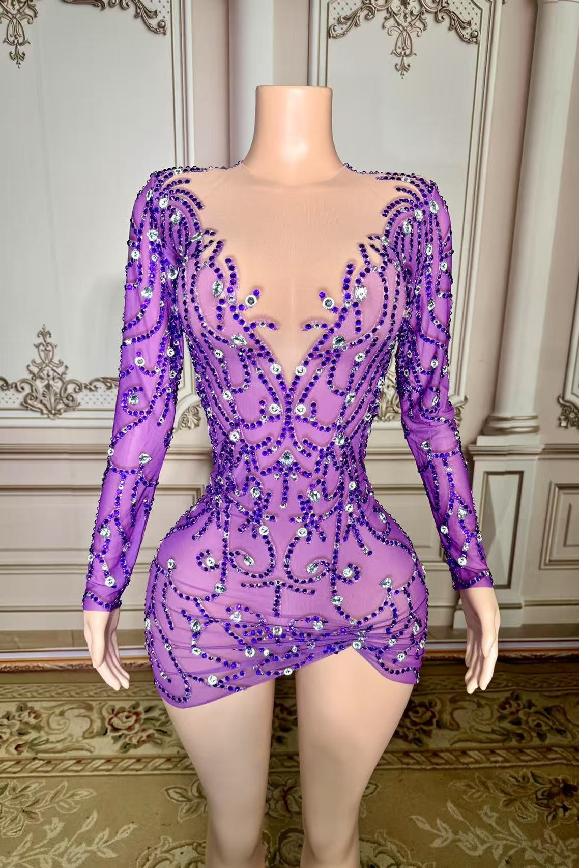 Long Sleeves Mini Homecoming Dresses Purple Bodycon Party Cocktail Dresses