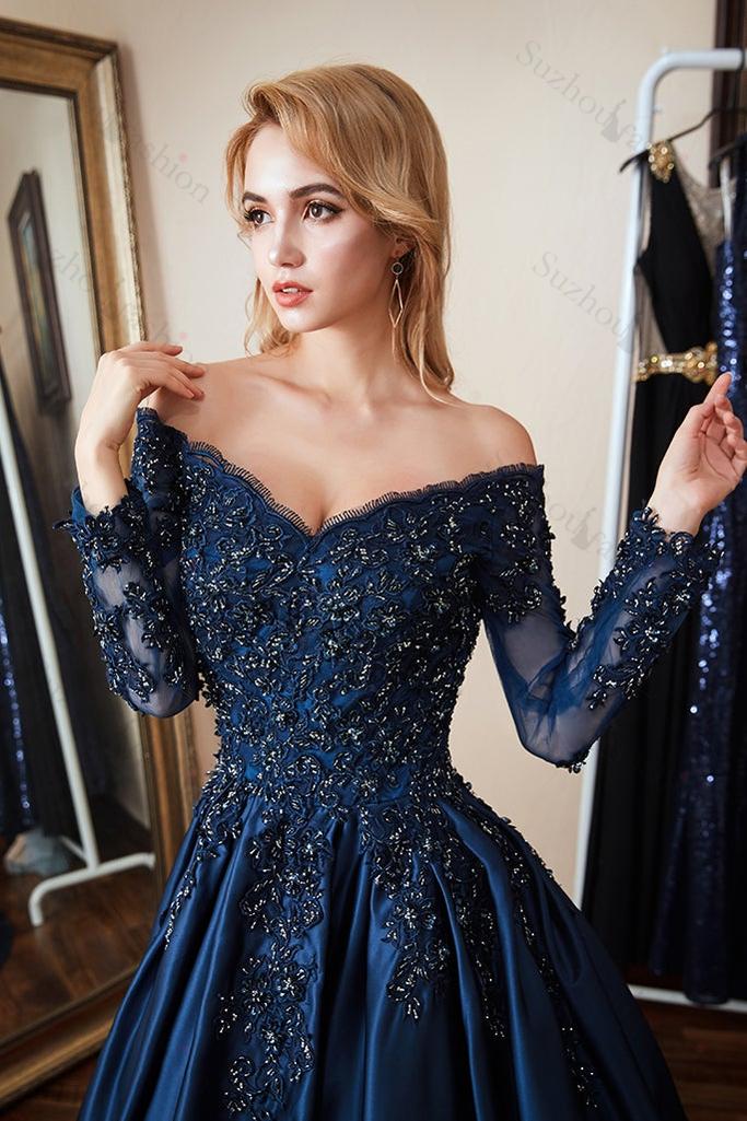 Long Sleeves Off the Shoulder Beadings Evening Formal Dress Navy Lace With Appliques