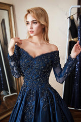 Long Sleeves Off the Shoulder Beadings Evening Formal Dress Navy Lace With Appliques