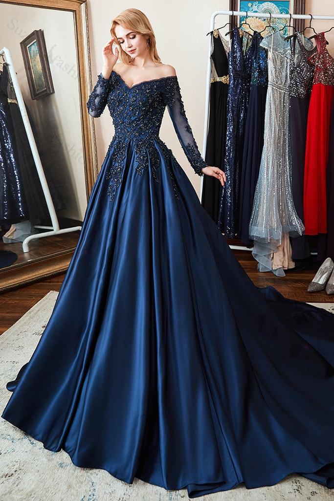 Long Sleeves Off the Shoulder Beadings Evening Formal Dress Navy Lace With Appliques