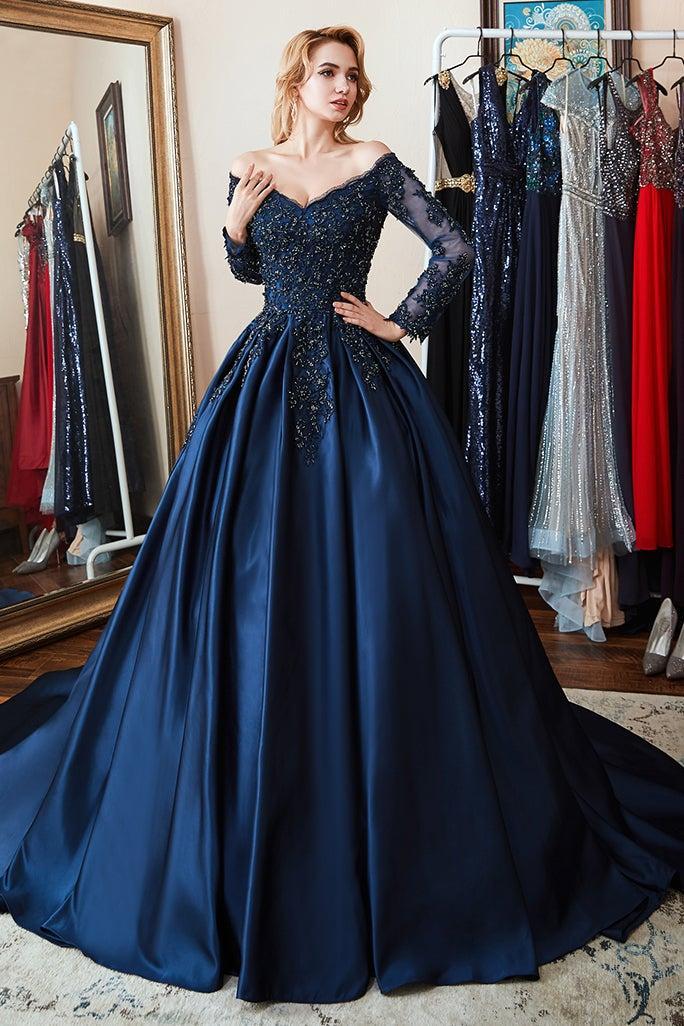 Long Sleeves Off the Shoulder Beadings Evening Formal Dress Navy Lace With Appliques