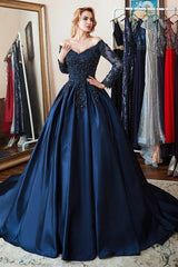 Long Sleeves Off the Shoulder Beadings Evening Formal Dress Navy Lace With Appliques