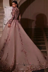 Long Sleeves Prom Dress V Neck Beaded Tulle Formal Dress With Detachable Panel Train