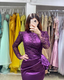 Long Sleeves Purple Mermaid Evening Gown with Soft Floral LAce Appliques