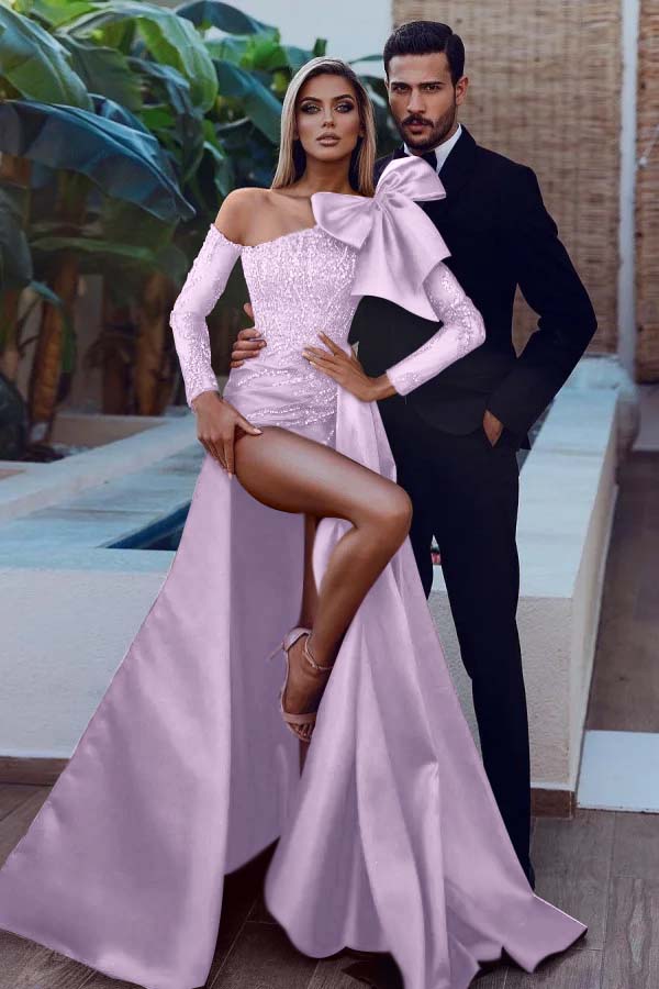 Long Sleeves Strapless Bowknot Burgundy Sequined Mermaid Evening Formal Dress With Split