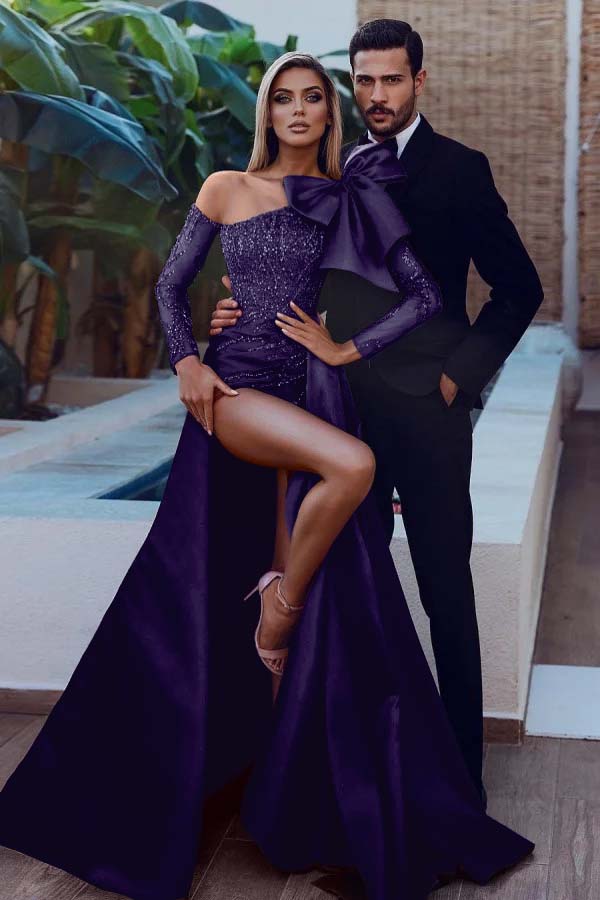 Long Sleeves Strapless Bowknot Burgundy Sequined Mermaid Evening Formal Dress With Split