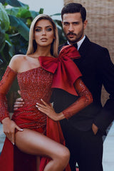 Long Sleeves Strapless Bowknot Burgundy Sequined Mermaid Evening Formal Dress With Split