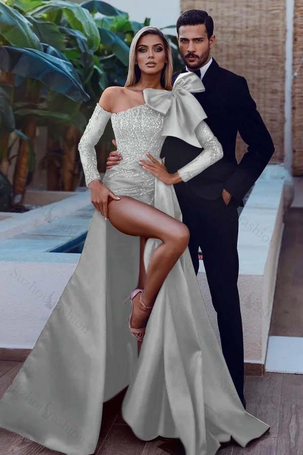 Long Sleeves Strapless Bowknot Burgundy Sequined Mermaid Evening Formal Dress With Split