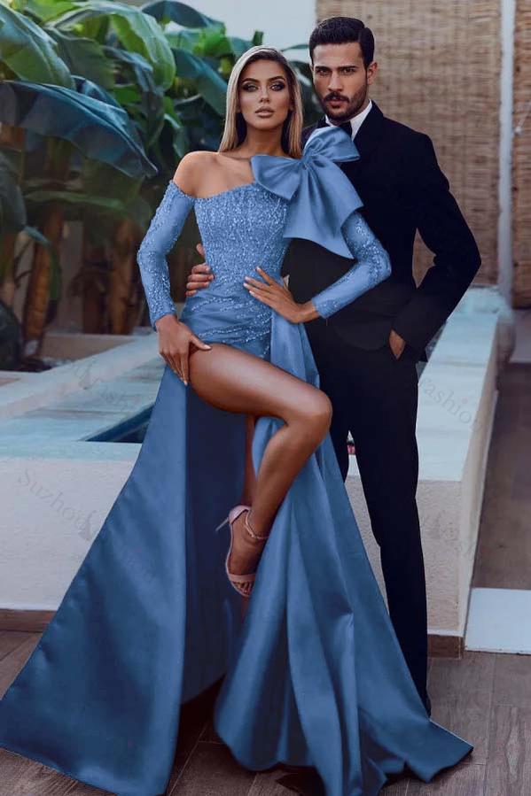 Long Sleeves Strapless Bowknot Burgundy Sequined Mermaid Evening Formal Dress With Split