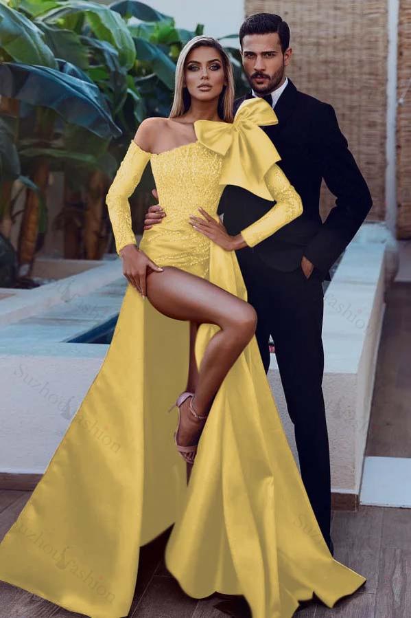 Long Sleeves Strapless Bowknot Burgundy Sequined Mermaid Evening Formal Dress With Split