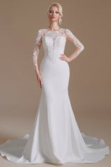 Long Sleeves Wedding Dress mermaid White Crew Neck Floral lace Long Bridal Dress