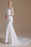 Long Sleeves Wedding Dress mermaid White Crew Neck Floral lace Long Bridal Dress