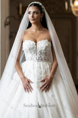Long Wedding Dress A Line White Strapless Bridal Gown With Lace